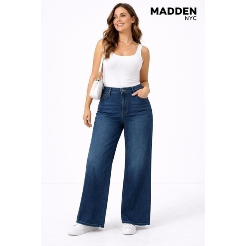 Madden NYC Wide Leg Jeans XXS Blue Denim Elastic Waist Cross Over Waistband New‎